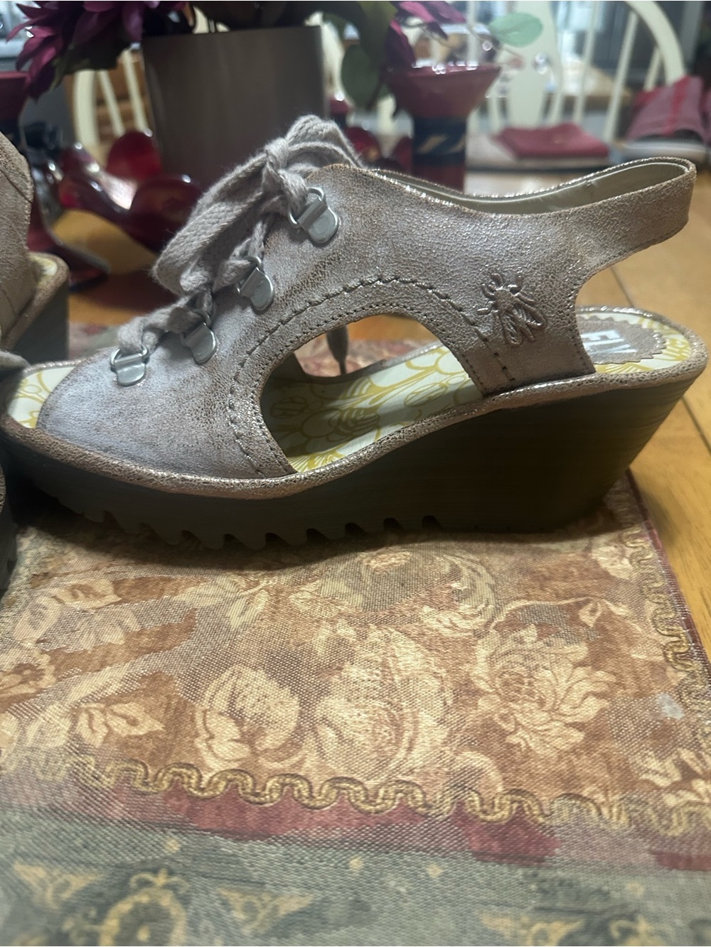 Fly London Taupe Suede Lace-Up Wedge Sandals